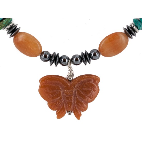.925 Sterling Silver Butterfly Certified Authentic Navajo Natural Turquoise Agate Hematite Native American Necklace 750209-2
