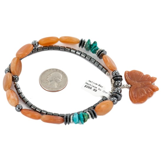 .925 Sterling Silver Butterfly Certified Authentic Navajo Natural Turquoise Agate Hematite Native American Necklace 750209-2
