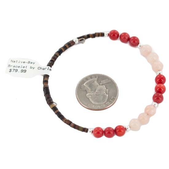 Certified Authentic Natural Pink Quartz Heishi Coral Navajo Native American Adjustable Wrap Bracelet 13151-48