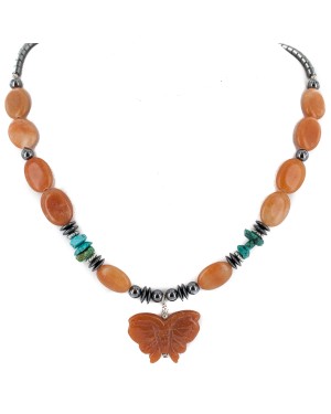 .925 Sterling Silver Butterfly Certified Authentic Navajo Natural Turquoise Agate Hematite Native American Necklace 750209-2
