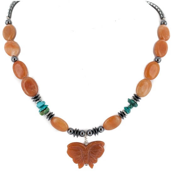 .925 Sterling Silver Butterfly Certified Authentic Navajo Natural Turquoise Agate Hematite Native American Necklace 750209-2