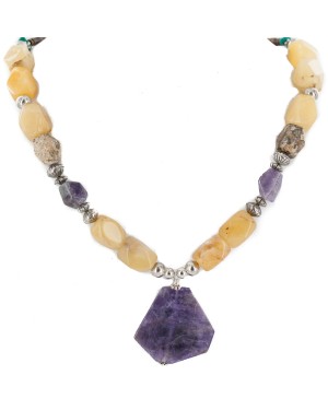 .925 Sterling Silver Certified Authentic Navajo Natural Turquoise Jasper Agate Amethyst Native American Necklace 750208-4