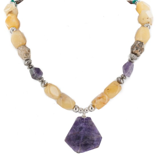 .925 Sterling Silver Certified Authentic Navajo Natural Turquoise Jasper Agate Amethyst Native American Necklace 750208-4