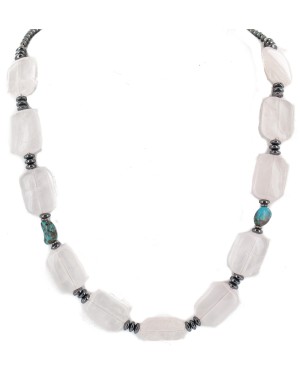 .925 Sterling Silver Certified Authentic Navajo Natural Turquoise Pink Quartz Hematite Native American Necklace 750207-1