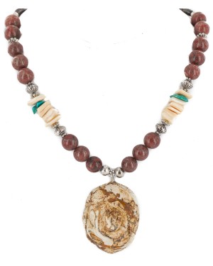 Flower .925 Sterling Silver Certified Authentic Navajo Natural Turquoise Jasper Graduated Melon Shell Native American Necklace 750208-6