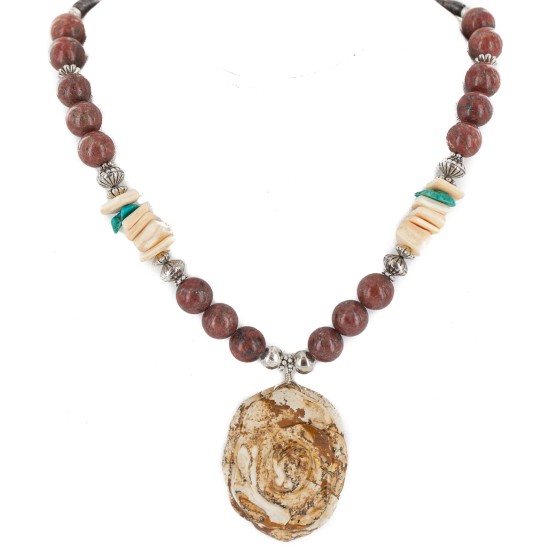 Flower .925 Sterling Silver Certified Authentic Navajo Natural Turquoise Jasper Graduated Melon Shell Native American Necklace 750208-6