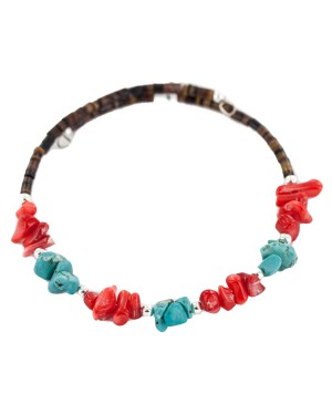 Navajo Certified Authentic Natural Turquoise Heishi Coral Native American Adjustable Wrap Bracelet 13151-67 Navajo Certified Authentic Natural Turquoise Heishi Coral Native American Adjustable Wrap Bracelet 13151-67