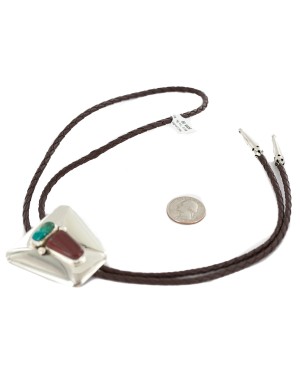 Handmade Certified Authentic Navajo Leather Nickel Natural Turquoise Jasper Native American Bolo Tie 24509-2