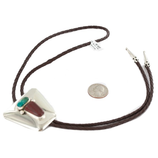 Handmade Certified Authentic Navajo Leather Nickel Natural Turquoise Jasper Native American Bolo Tie 24509-2