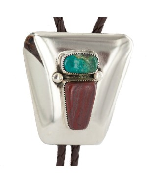 Handmade Certified Authentic Navajo Leather Nickel Natural Turquoise Jasper Native American Bolo Tie 24509-2