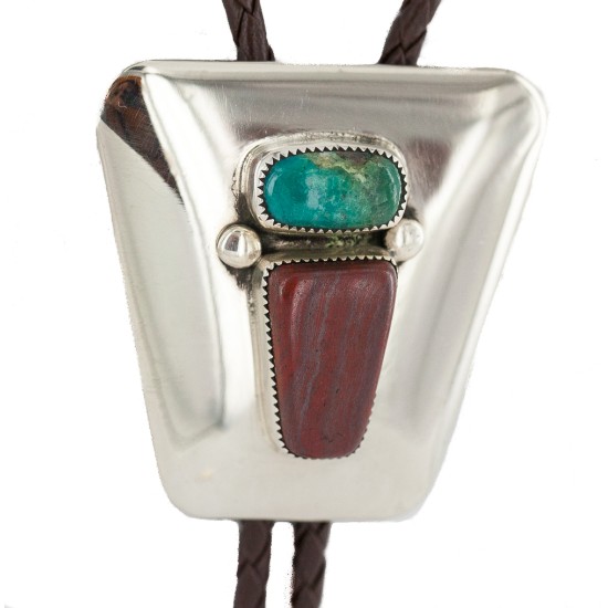 Handmade Certified Authentic Navajo Leather Nickel Natural Turquoise Jasper Native American Bolo Tie 24509-2