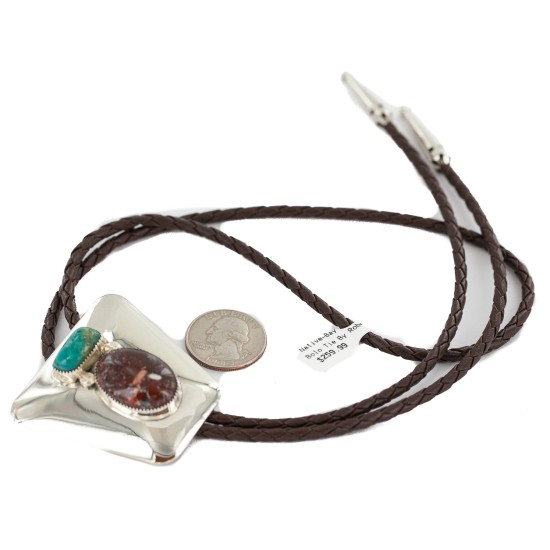 Handmade Certified Authentic Navajo Leather Nickel Natural Turquoise Red Jasper Native American Bolo Tie 24509-1