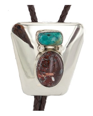 Handmade Certified Authentic Navajo Leather Nickel Natural Turquoise Red Jasper Native American Bolo Tie 24509-1