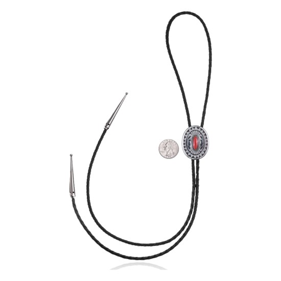 Feather .925 Sterling Silver Certified Authentic Handmade Navajo Native American Coral Bolo Tie 34103