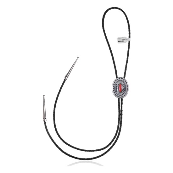 Feather .925 Sterling Silver Certified Authentic Handmade Navajo Native American Coral Bolo Tie 34103