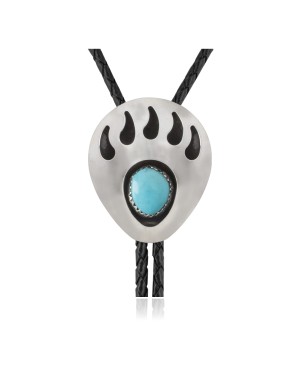 Bear Paw .925 Sterling Silver Certified Authentic Handmade Navajo Native American Natural Turquoise Bolo Tie 34105