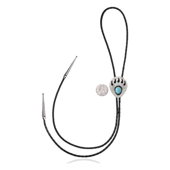 Bear Paw .925 Sterling Silver Certified Authentic Handmade Navajo Native American Natural Turquoise Bolo Tie 34105