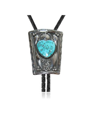 Heart .925 Sterling Silver Certified Authentic Handmade Navajo Native American Natural Turquoise Bolo Tie 34108