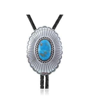 Sun .925 Sterling Silver Certified Authentic Handmade Navajo Native American Natural Turquoise Bolo Tie 34106
