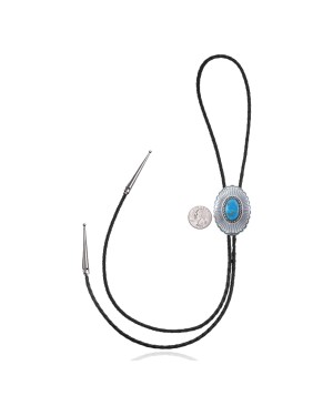 Sun .925 Sterling Silver Certified Authentic Handmade Navajo Native American Natural Turquoise Bolo Tie 34106