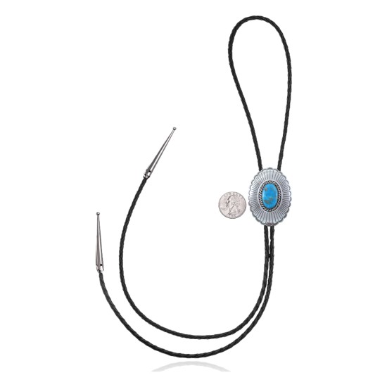 Sun .925 Sterling Silver Certified Authentic Handmade Navajo Native American Natural Turquoise Bolo Tie 34106