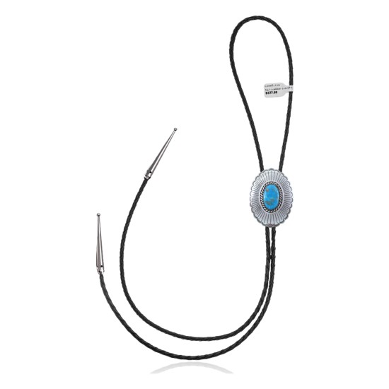 Sun .925 Sterling Silver Certified Authentic Handmade Navajo Native American Natural Turquoise Bolo Tie 34106