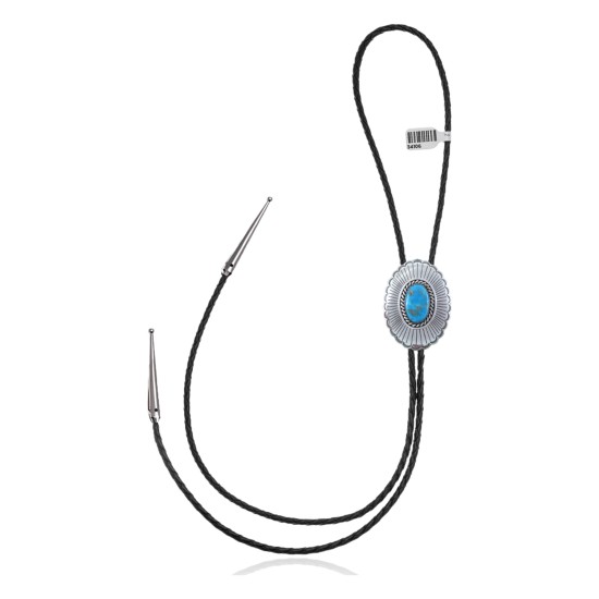 Sun .925 Sterling Silver Certified Authentic Handmade Navajo Native American Natural Turquoise Bolo Tie 34106