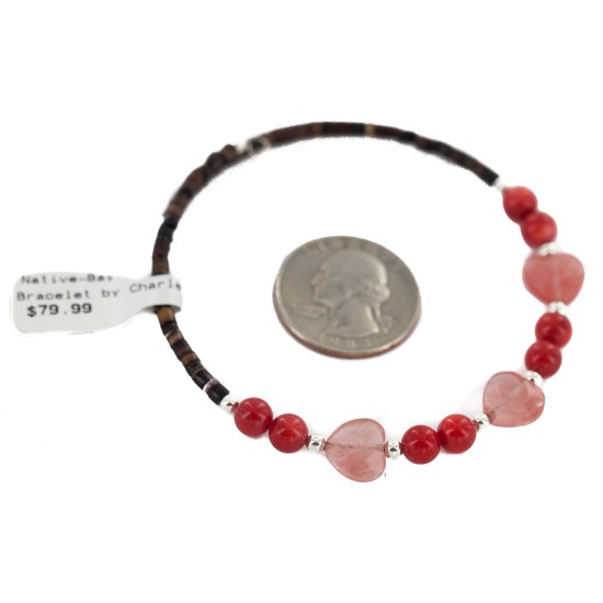 Heart Navajo Certified Authentic Heishi Coral Pink Quartz Native American Adjustable Wrap Bracelet 13151-76