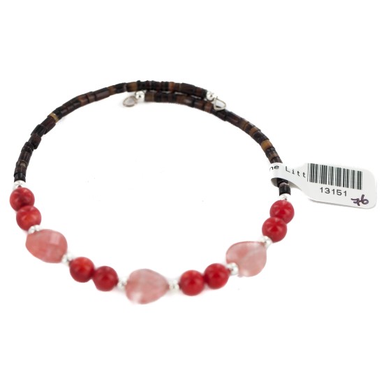 Heart Navajo Certified Authentic Heishi Coral Pink Quartz Native American Adjustable Wrap Bracelet 13151-76