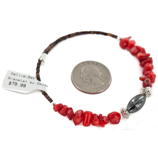 Navajo Certified Authentic Heishi Coral Hematite Native American Adjustable Wrap Bracelet 13159-15