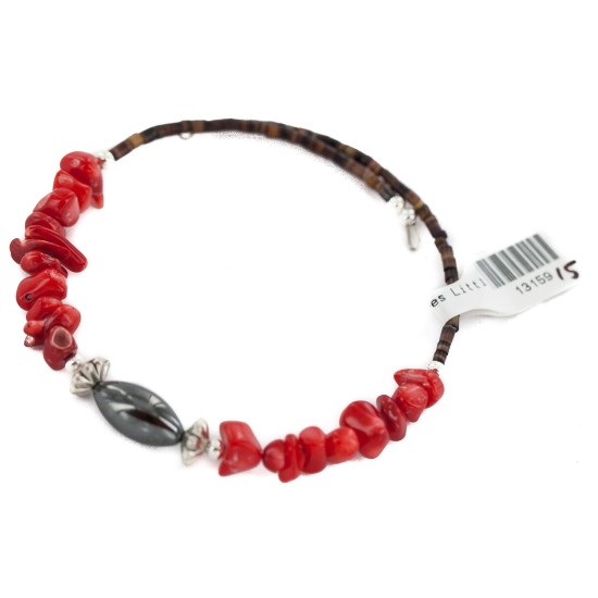 Navajo Certified Authentic Heishi Coral Hematite Native American Adjustable Wrap Bracelet 13159-15