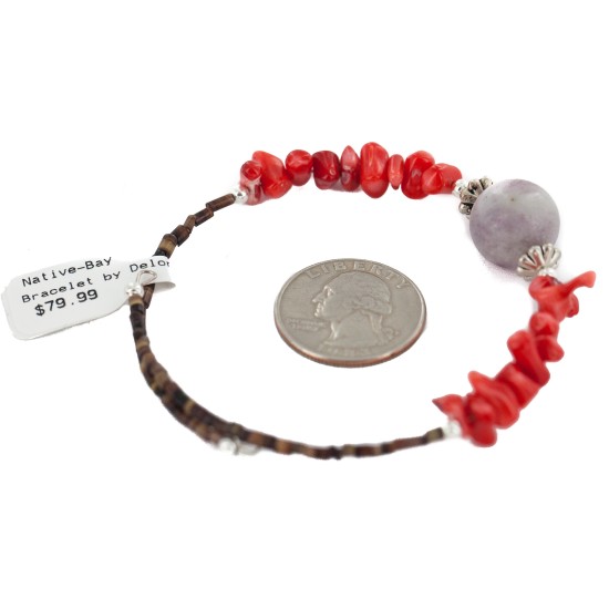 Navajo Certified Authentic Heishi Coral Charoite Native American Adjustable Wrap Bracelet 13159-11