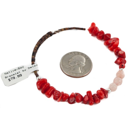Navajo Certified Authentic Heishi Coral Quartz Native American Adjustable Wrap Bracelet 13159-4