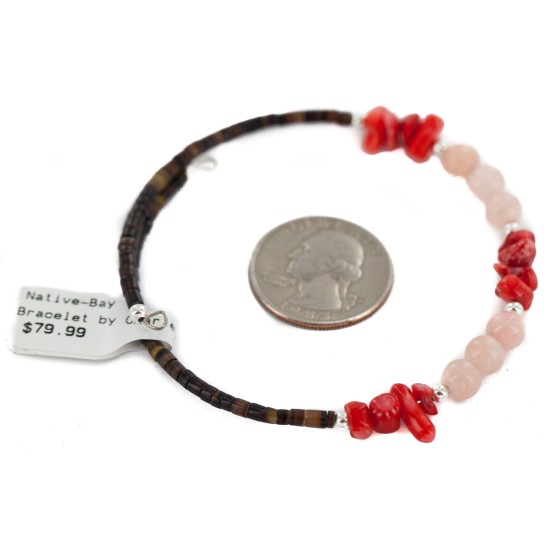Certified Authentic Navajo Heishi Coral Quartz Native American Adjustable Wrap Bracelet 13151-56