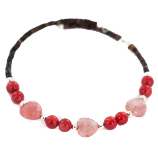 Heart Navajo Certified Authentic Heishi Coral Pink Quartz Native American Adjustable Wrap Bracelet 13151-76