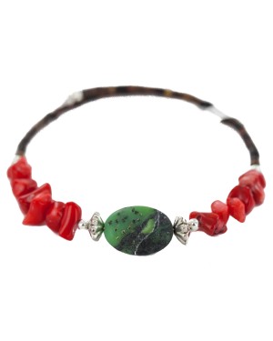 Navajo Certified Authentic Green Jasper Heishi Coral Native American Adjustable Wrap Bracelet 13159-7