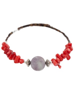 Navajo Certified Authentic Heishi Coral Charoite Native American Adjustable Wrap Bracelet 13159-11