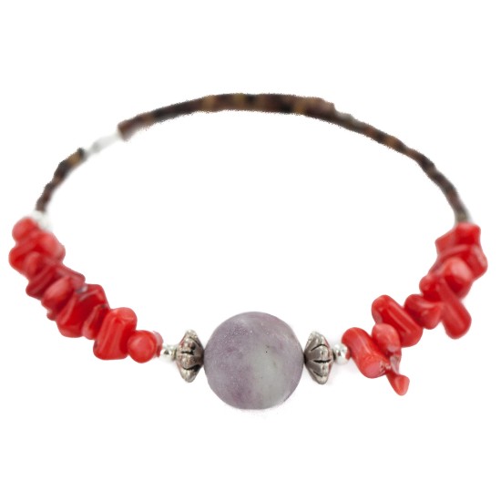 Navajo Certified Authentic Heishi Coral Charoite Native American Adjustable Wrap Bracelet 13159-11