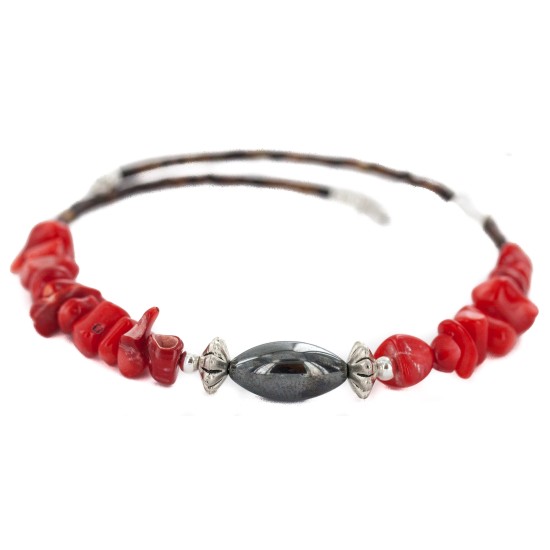 Navajo Certified Authentic Heishi Coral Hematite Native American Adjustable Wrap Bracelet 13159-15