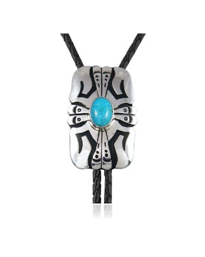 Sun Feather.925 Sterling Silver Certified Authentic Handmade Navajo Native American Natural Turquoise Bolo Tie 34112