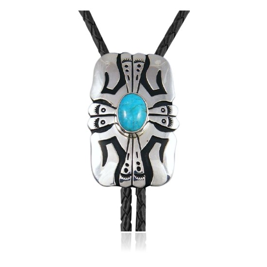 Sun Feather.925 Sterling Silver Certified Authentic Handmade Navajo Native American Natural Turquoise Bolo Tie 34112