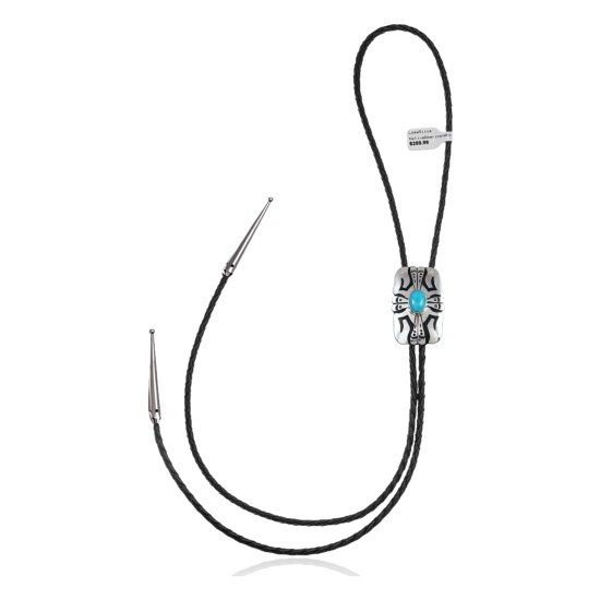 Sun Feather.925 Sterling Silver Certified Authentic Handmade Navajo Native American Natural Turquoise Bolo Tie 34112