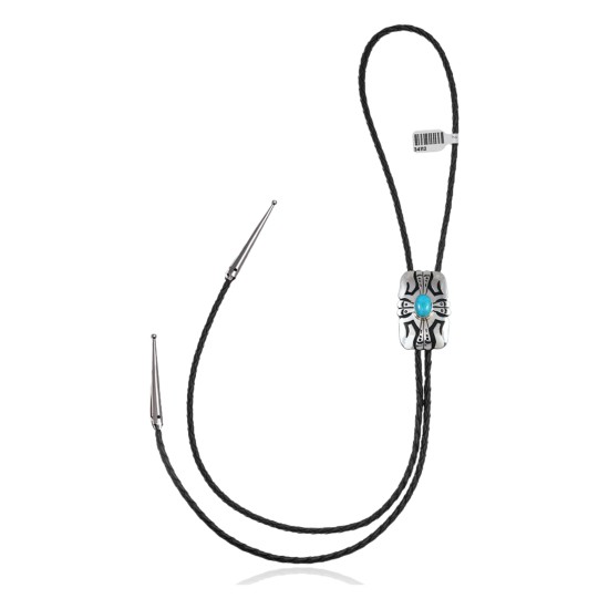 Sun Feather.925 Sterling Silver Certified Authentic Handmade Navajo Native American Natural Turquoise Bolo Tie 34112