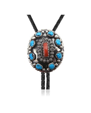 Flower.925 Sterling Silver Certified Authentic Handmade Navajo Native American Natural Turquoise Bolo Tie 34113