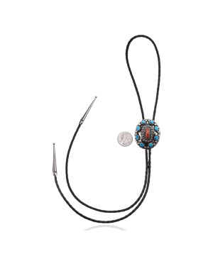 Handmade Certified Authentic Navajo .925 Sterling Silver Native American Natural Turquoise Coral Bolo Tie 34114