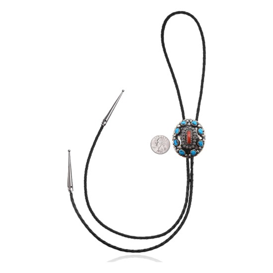 Handmade Certified Authentic Navajo .925 Sterling Silver Native American Natural Turquoise Coral Bolo Tie 34114