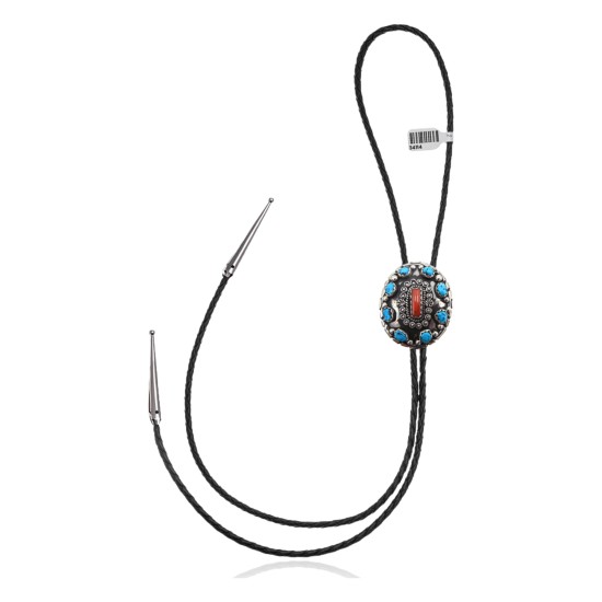 Handmade Certified Authentic Navajo .925 Sterling Silver Native American Natural Turquoise Coral Bolo Tie 34114