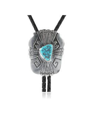 Feather .925 Sterling Silver Certified Authentic Handmade Navajo Native American Natural Turquoise Bolo Tie 34118