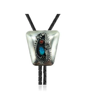Feather .925 Sterling Silver Certified Authentic Handmade Navajo Native American Natural Turquoise Coral Bolo Tie 34119