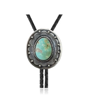 Sun .925 Sterling Silver Certified Authentic Handmade Navajo Native American Natural Turquoise Bolo Tie 34120